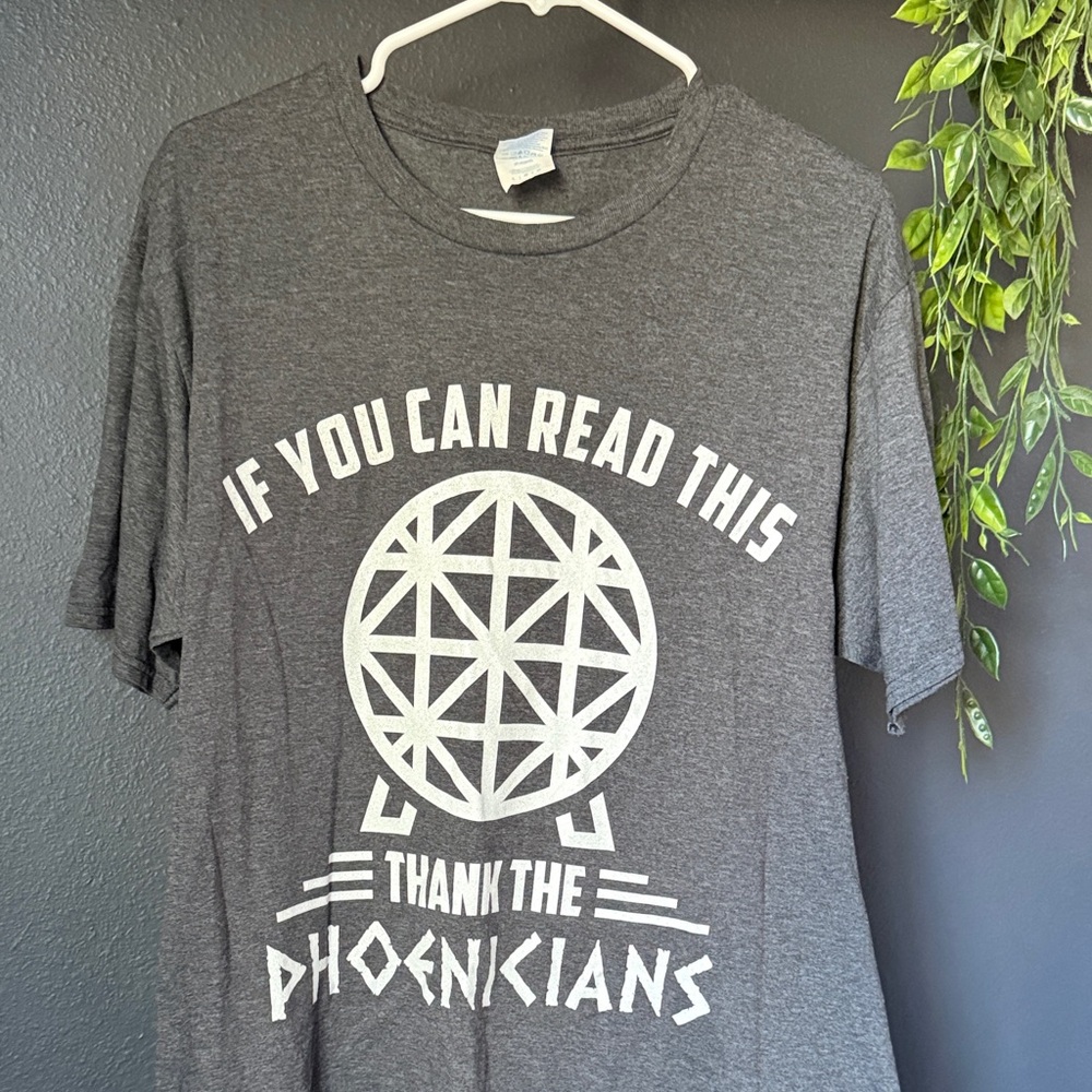 EPCOT Gray Graphic Tee Thank the Phoenicians Spaceship Earth Ride